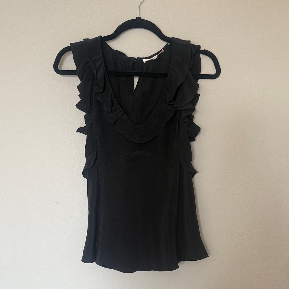 Rebecca Taylor Black 100% Silk Ruffled Sleeveless Blouse Sz 2